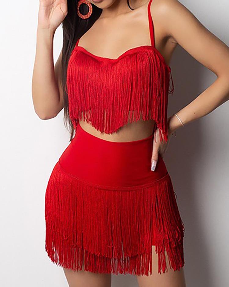 

Spaghetti Strap Tassel Crop Top & Skirt Sets, Red
