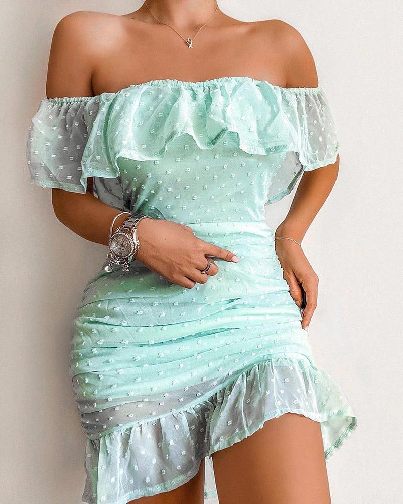 

Off Shoulder Swiss Dot Ruffles Ruched Dress, Green