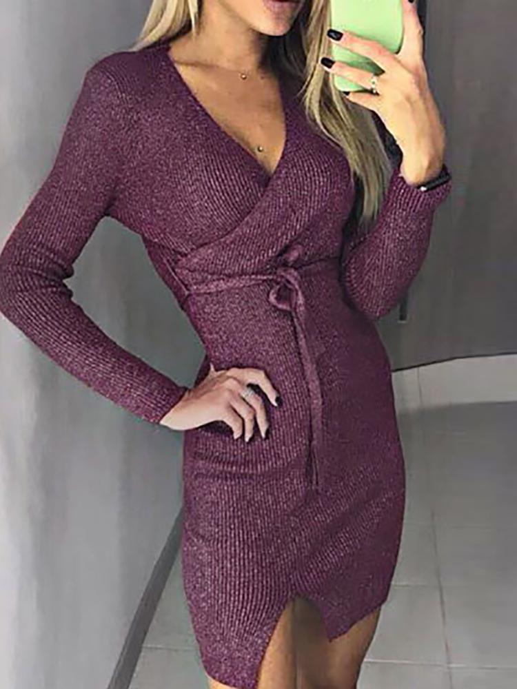 

V-Neck Wrap Belted Slit Front Dress