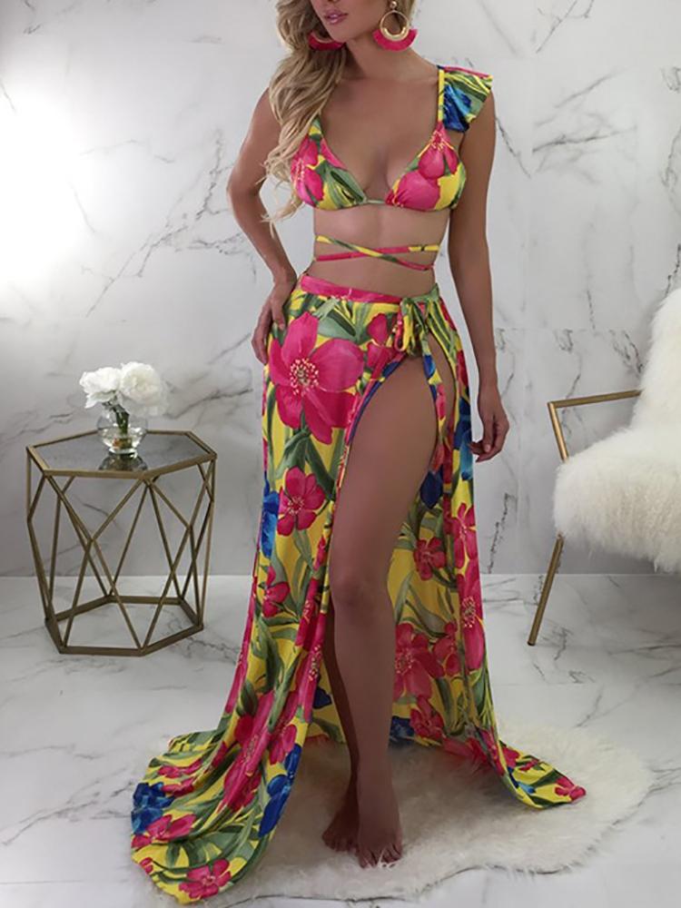 

3PCS Floral Print Strappy Bikini With Cover Up
