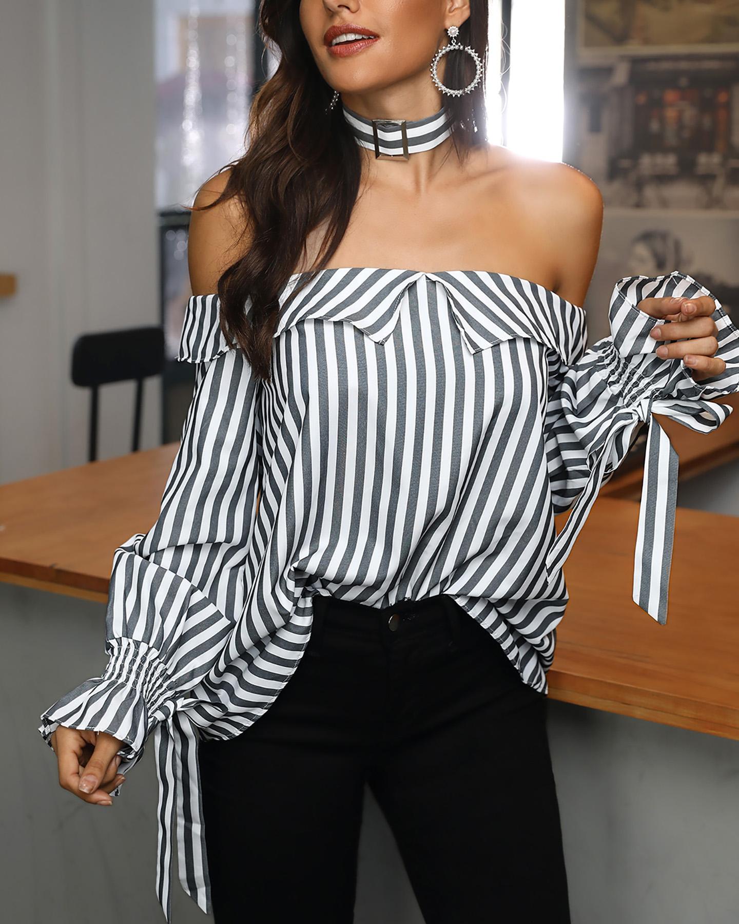 

Choker Off Shoulder Striped Tied Cuff Blouse, Black