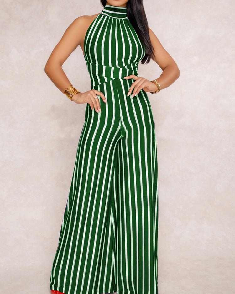

Stripes Halter Open Back Wide Leg Jumpsuits, Green