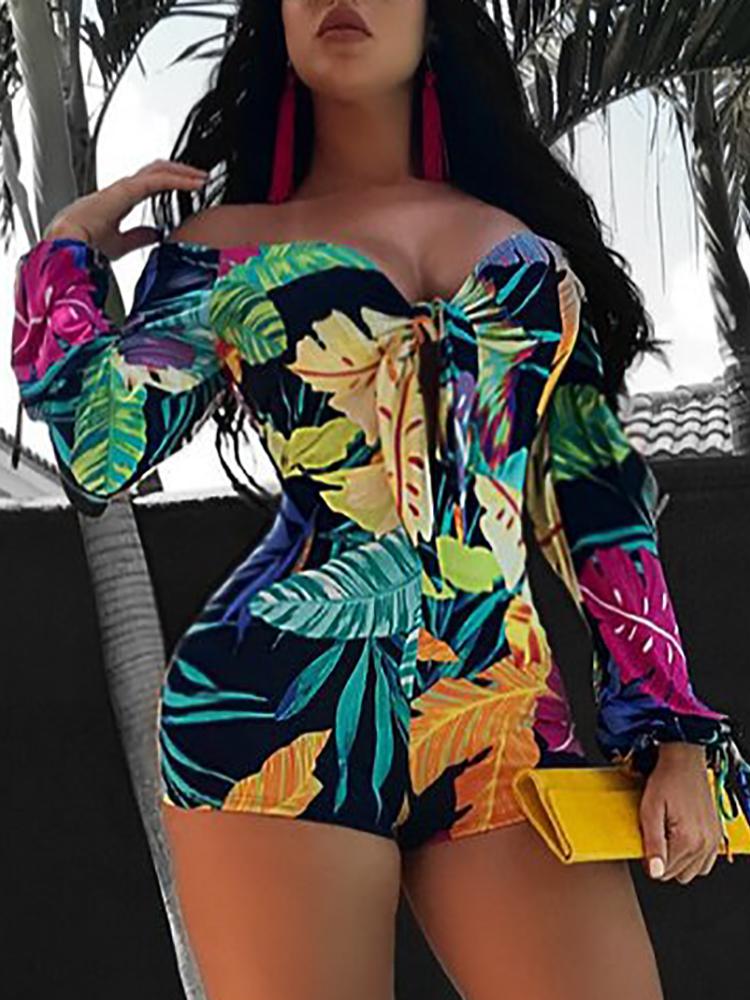 

Plant Print Tied Front Casual Romper, Multicolor
