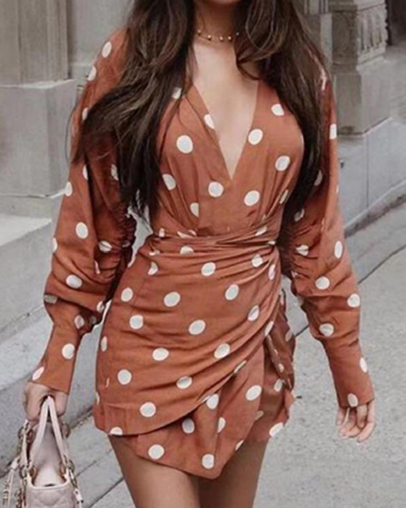 

Wrap V Neck Polka Dot Print Long Sleeve Mini Dress, Khaki