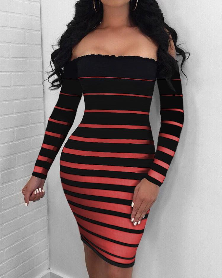 

Stripes Off Shoulder Long Sleeve Bodycon Dress, Red