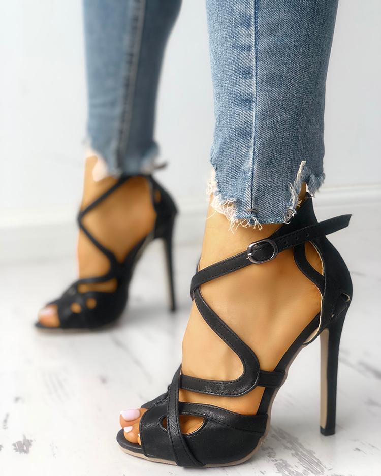 

Fashion Solid Color Caged Thin Heeled Sandals, Black