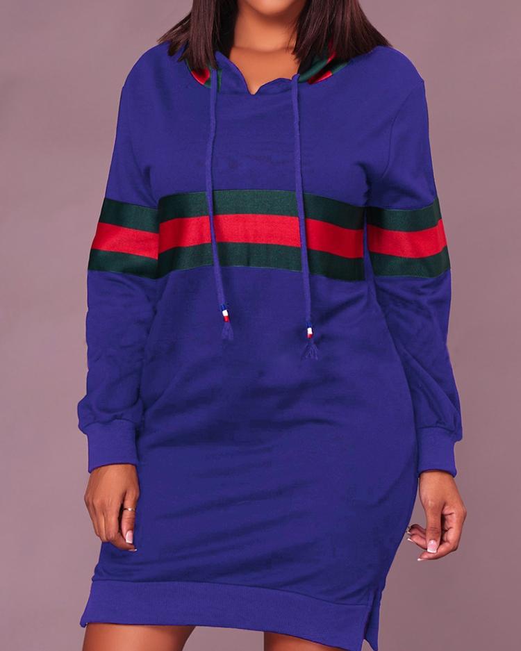 

Contrast Wide Stripes Slit Hooded Sweatshirt Dress, Blue