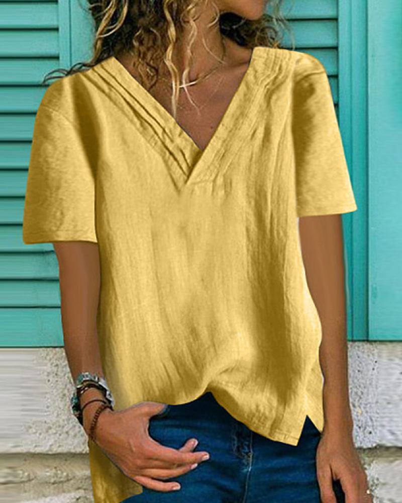 

Solid Short Sleeve V Neck Slit T-Shirt, Khaki