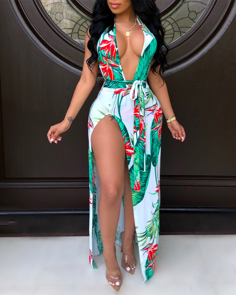 

Deep V Neck Tropical Print Maxi Dress, White