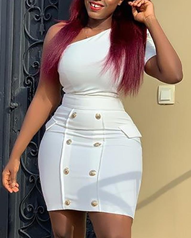 

One Shoulder Double Breasted Bodycon Dress, White