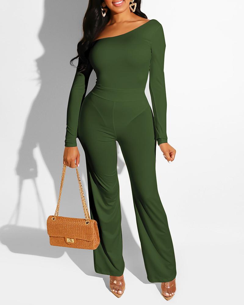 

Solid Long Sleeve Skew Neck Jumpsuit, Army green
