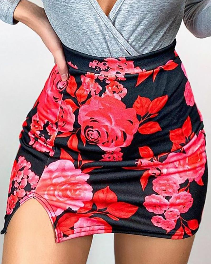 

Floral Print Slit Skirt, Red