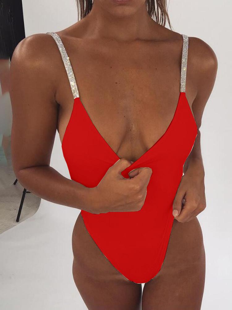 

Shiny Spaghetti Strap One-Piece Swimwear, Red