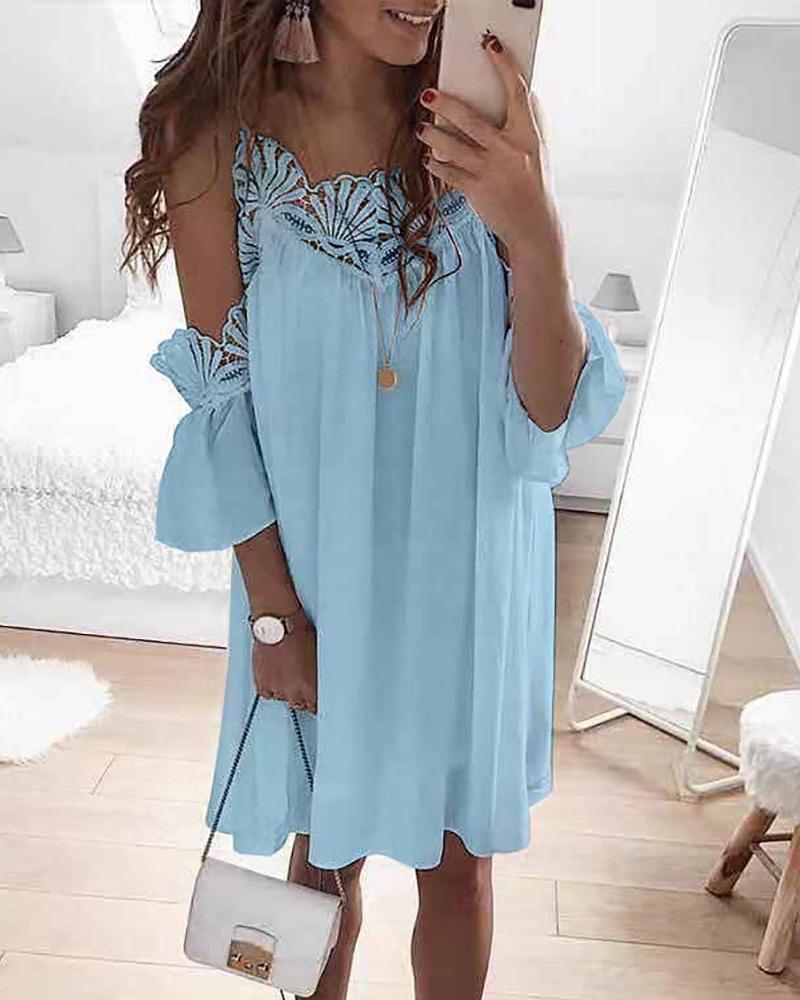 

Cold Shoulder Lace Trim Casual Dress, Light blue