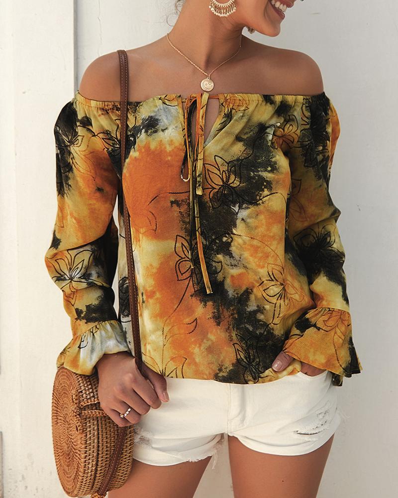 

Off Shoulder Bell Sleeve Tie Dye Print Blouse, Yellow