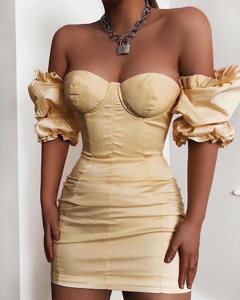 

Off Shoulder Frill Hem Ruched Dress, Yellow