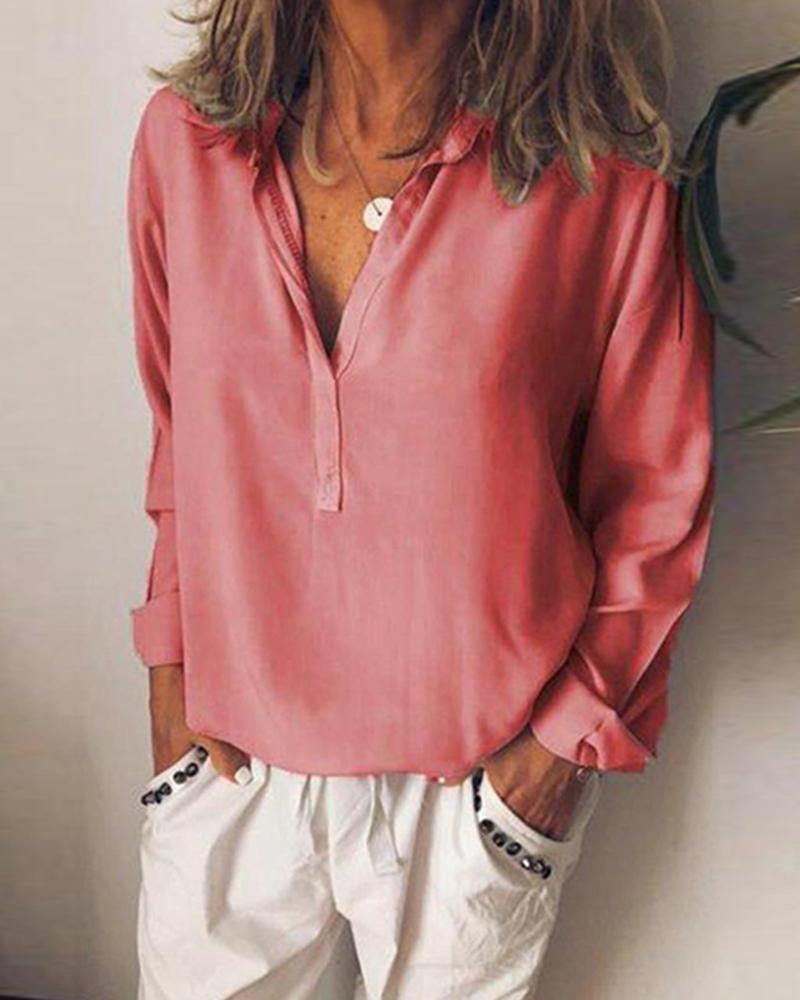 

Solid V Neck Loose Blouse, Pink