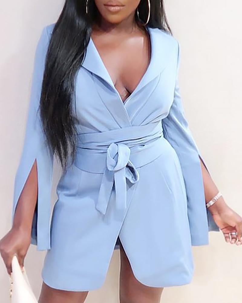 

Solid Slit Sleeve Blazer Dress, Sky blue