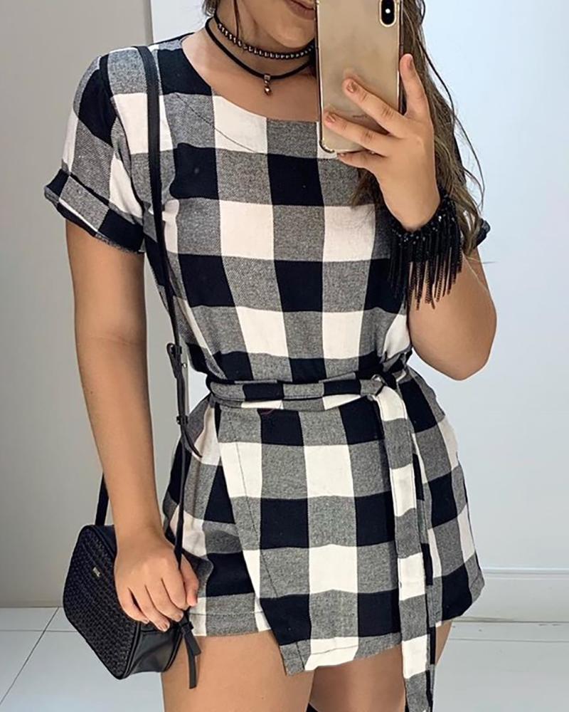 

Grid Print Short Sleeve Casual Romper