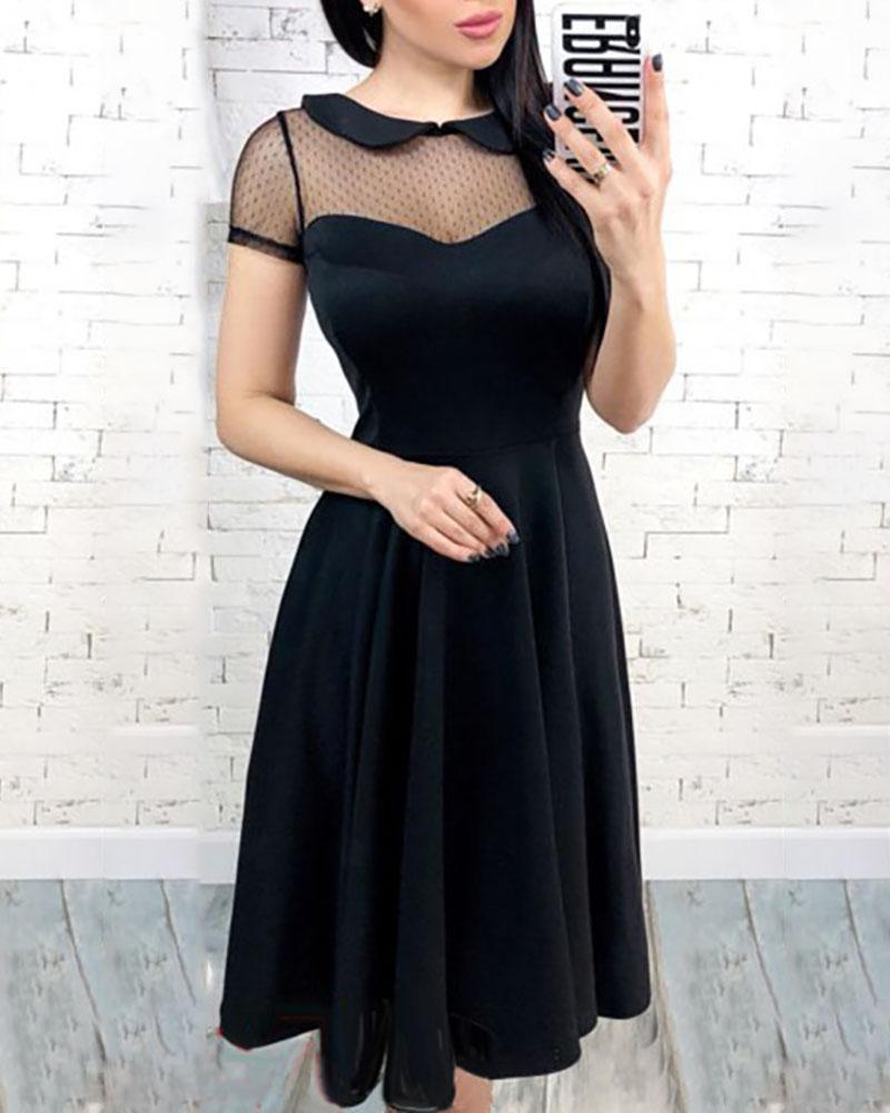 

Dot Mesh Insert Pleated Dress, Black