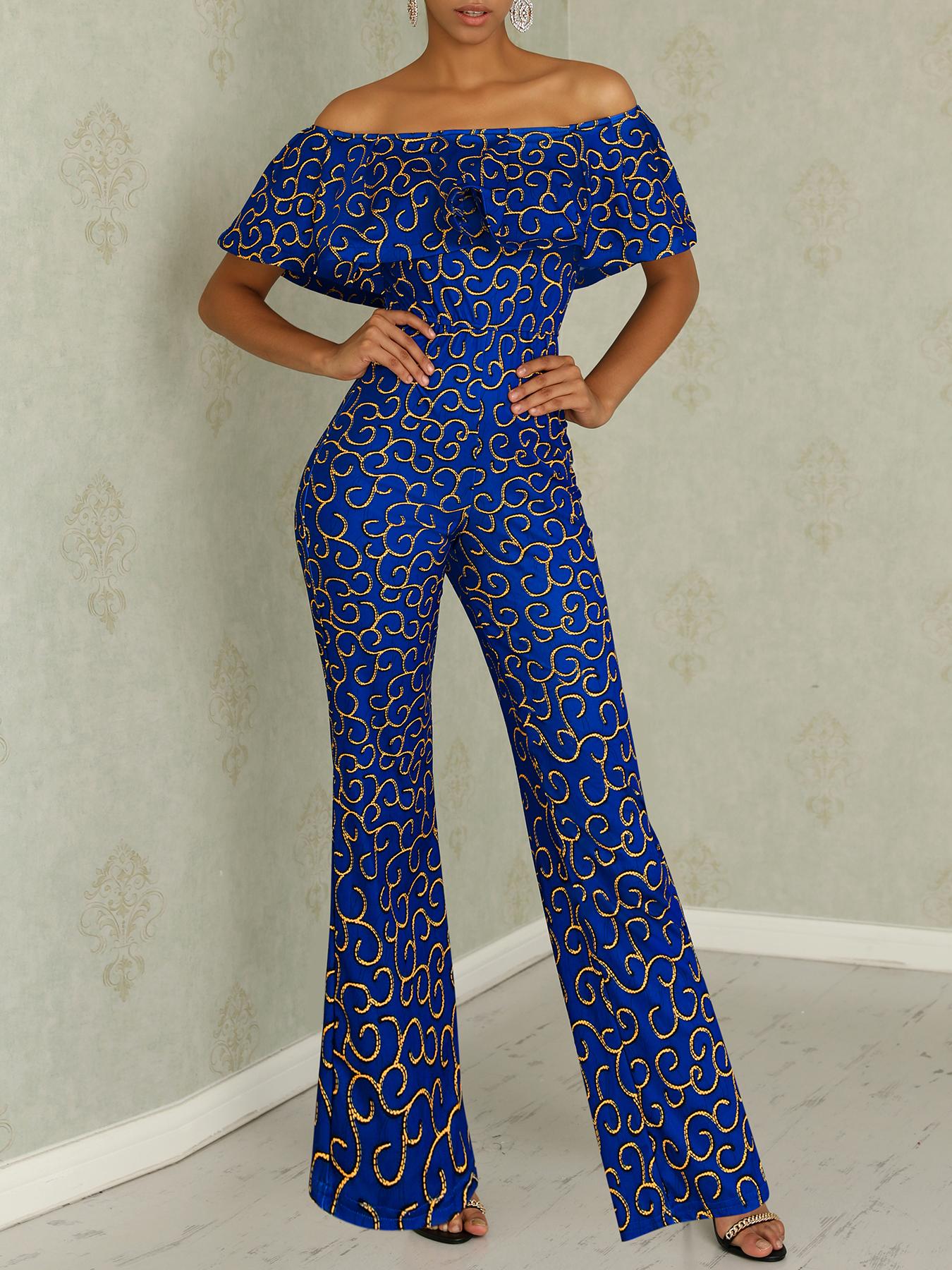 

Digital Print Flounce Off Shoulder Jumpsuit, Blue