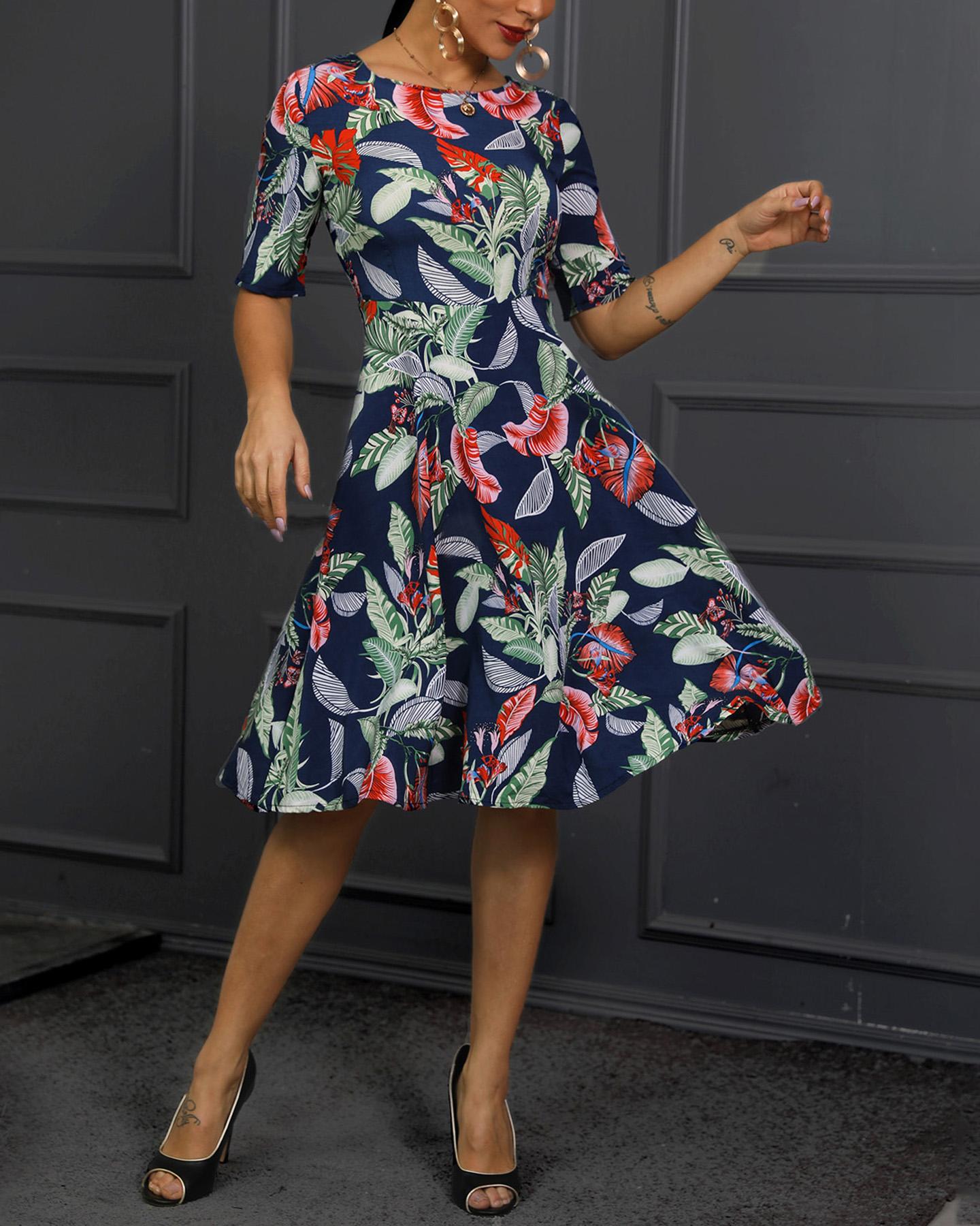 

Tropical Print Half Sleeve Midi Dress, Blue