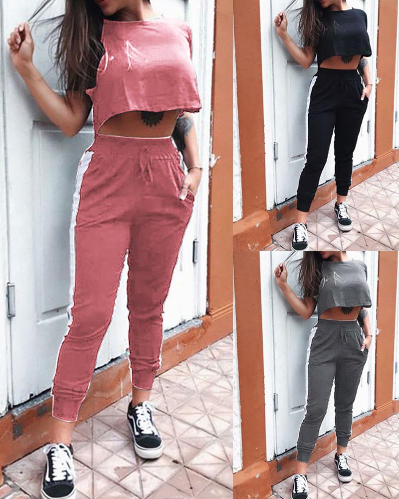 

Striped Tape Long Sleeve Top & Drawstring Pants Set, Pink