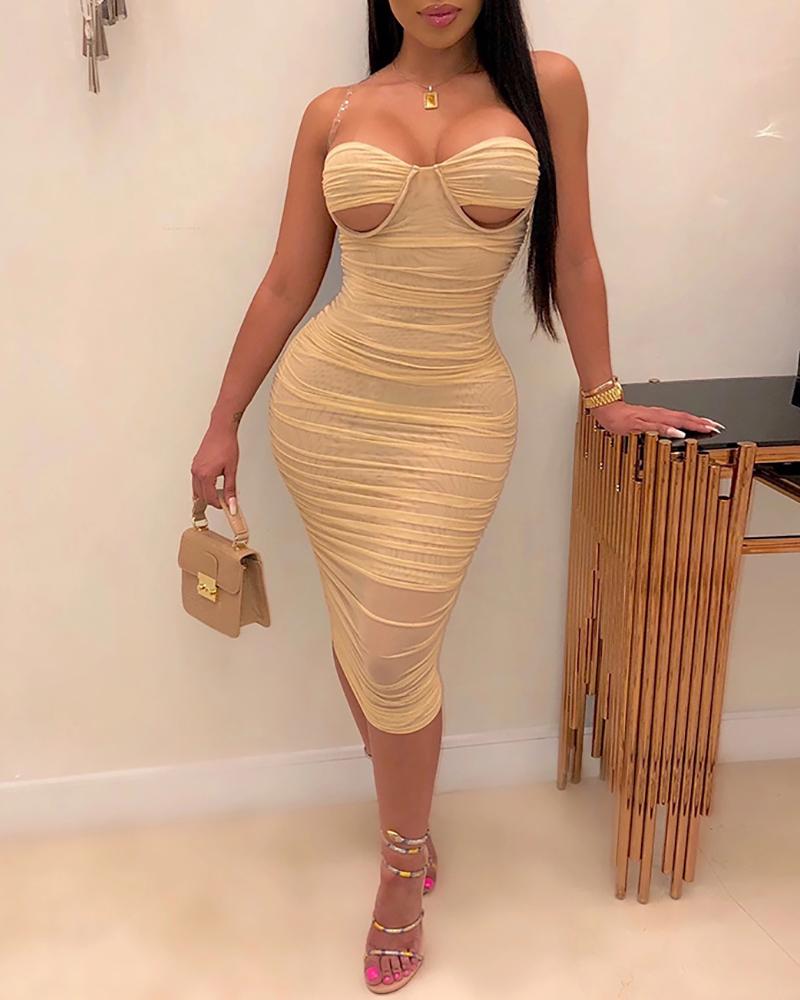 

Mesh Spaghetti Strap Ruched Midi Dress, Khaki