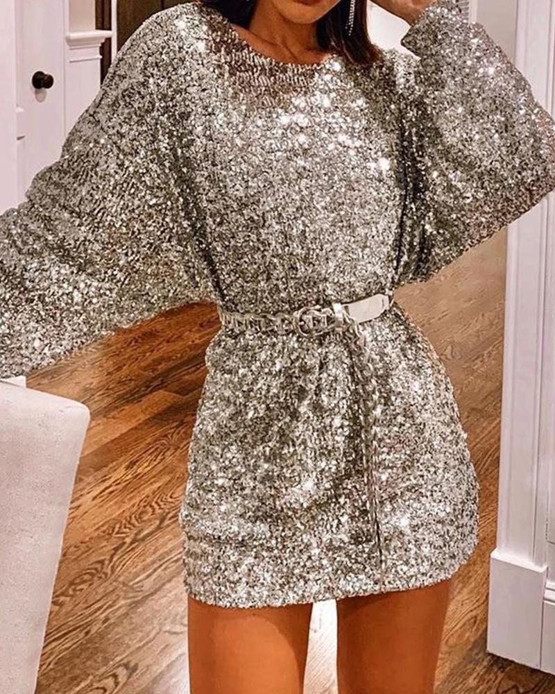 

Long Sleeve Plain Sequins Dress, Silver