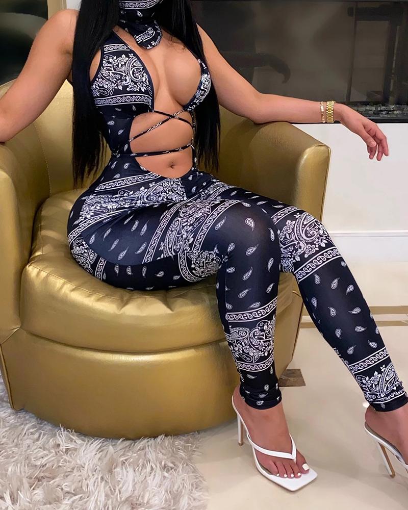 

Retro Print Crisscross Cutout Front Jumpsuit, Black