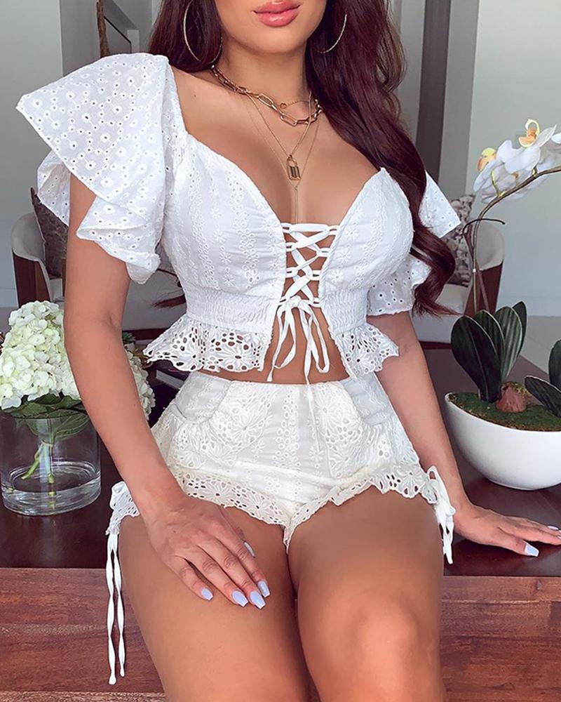 

Lace-Up Detail Lace Two-Piece Set, White