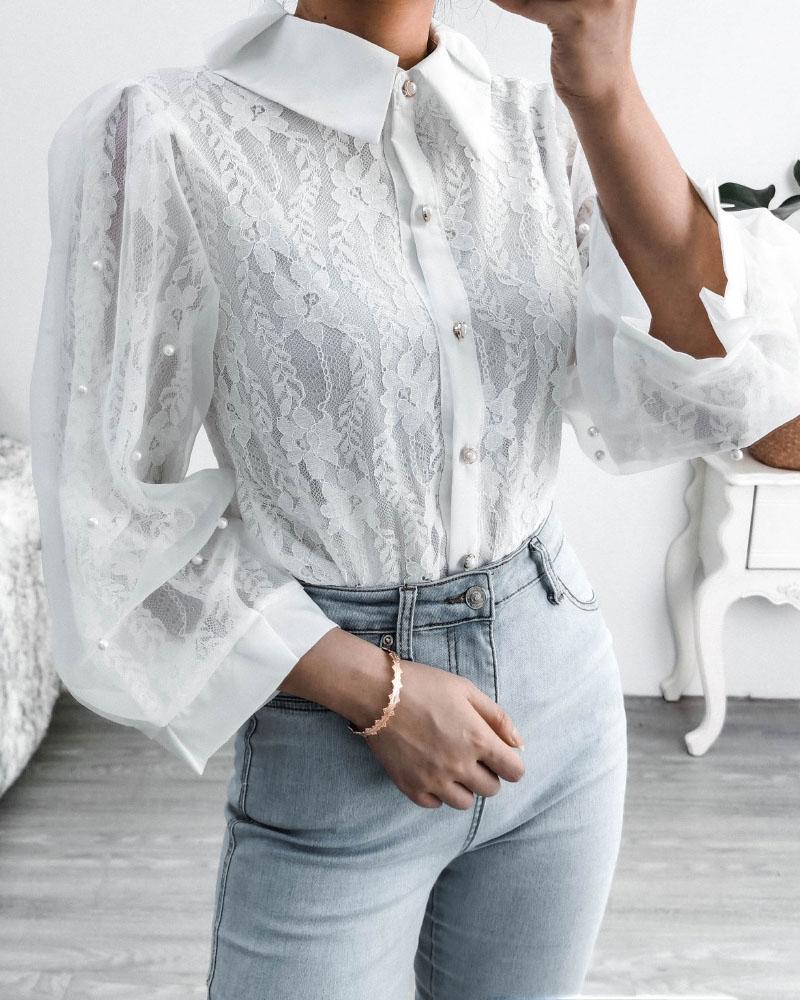 

Beaded Sheer Mesh Lace Lantern Sleeve Shirt, White
