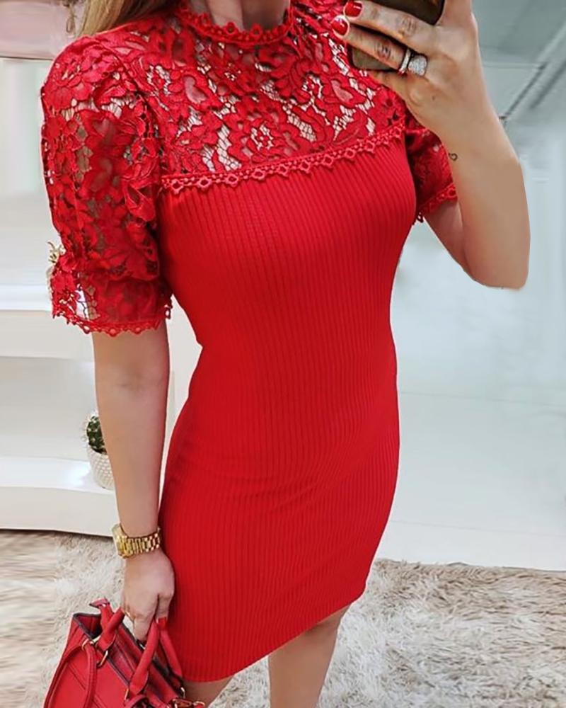 

Lace Yoke Ribbed Bodycon Dress, Red