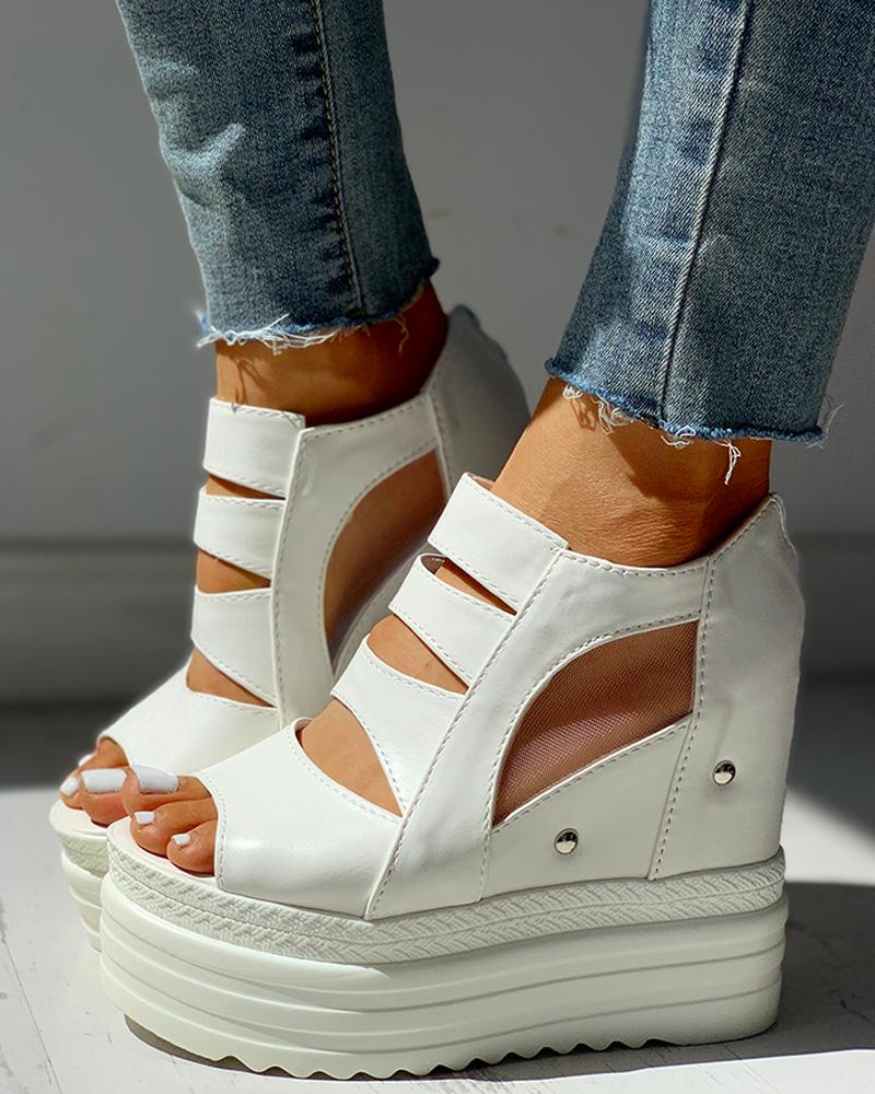

Solid PU Hollow Out Platform Sandals, White