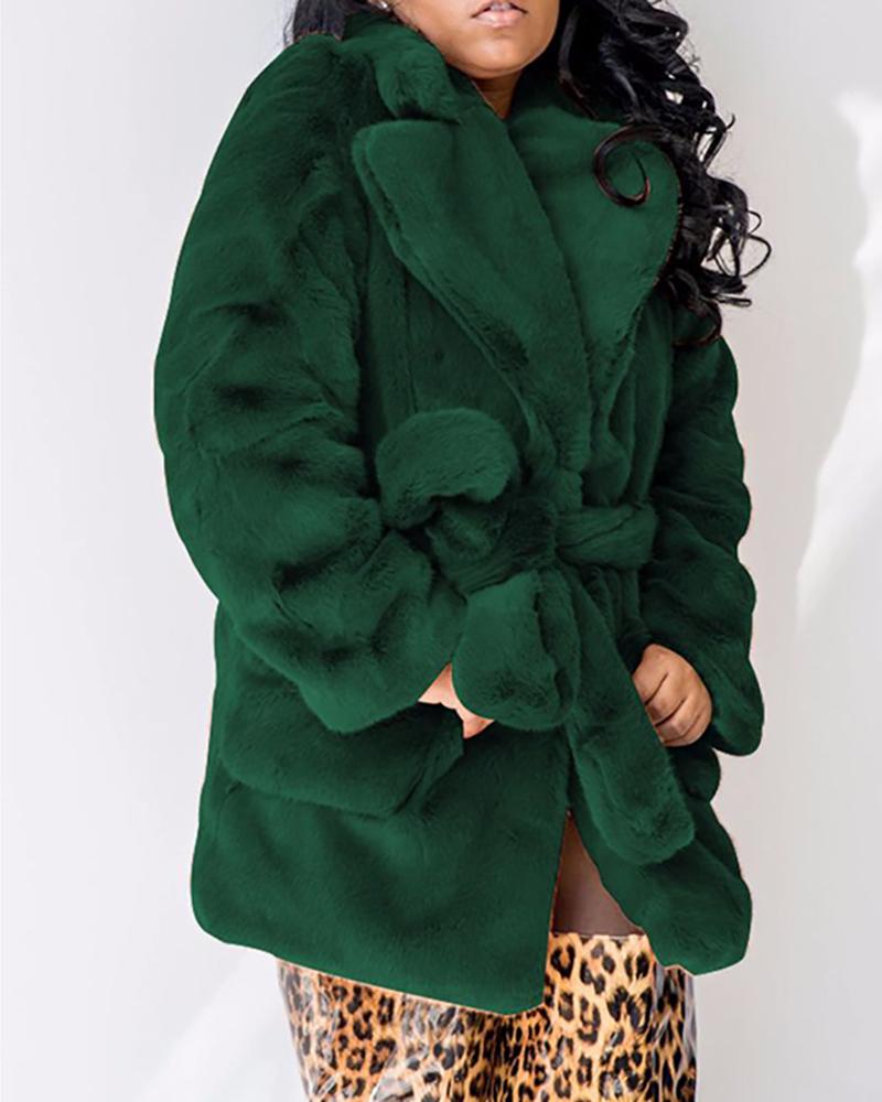 

Solid Notched Collar Pocket Design Long Sleeve Fur Fluffy Coat, Green