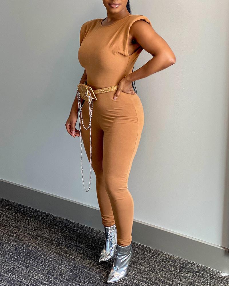 

Plain Sleeveless Skinny Jumpsuit, Brown