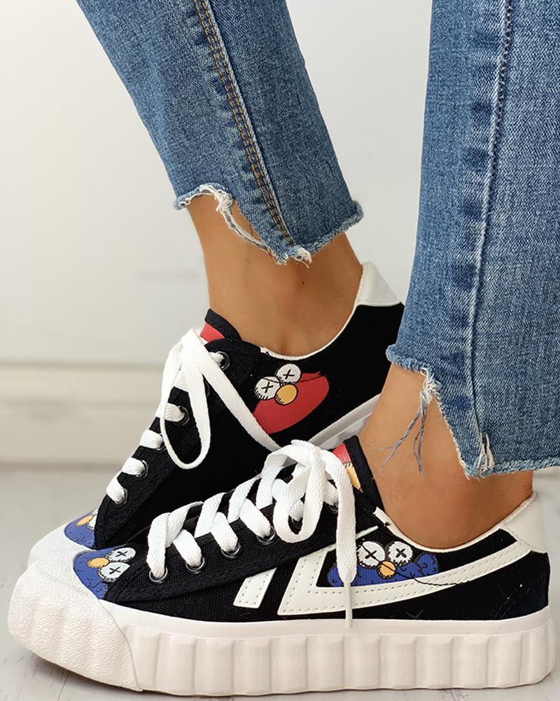 

Colorblok Patchwork Lace-Up Casual Sneakers, Black