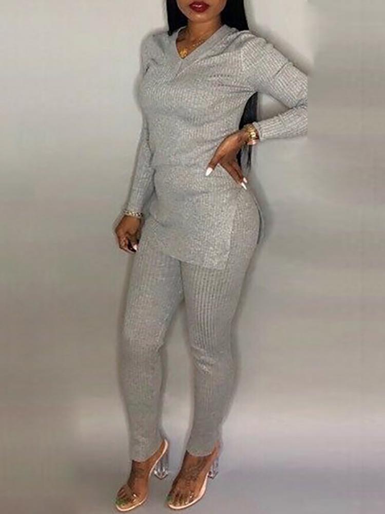 

Solid Long Sleeve V-Neck Top & Pant Sets, Gray