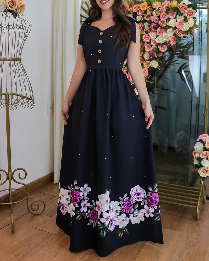 

Floral Polkadot Print Buttoned Maxi Dress, Black
