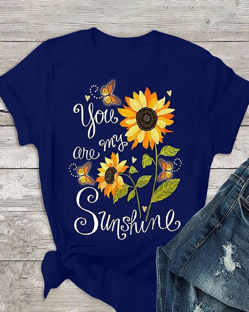 

Sunflower Print Short Sleeve Casual T-shirt, Dark blue