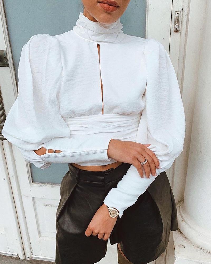 

Solid Buttoned Cuff Lantern Sleeve Ruched Shirt