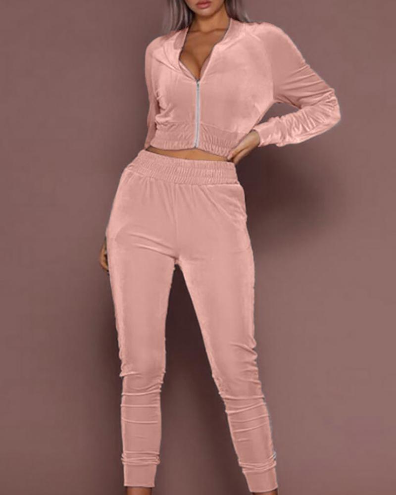 

Velvet Zip Crop Top & Pants Set, Pink