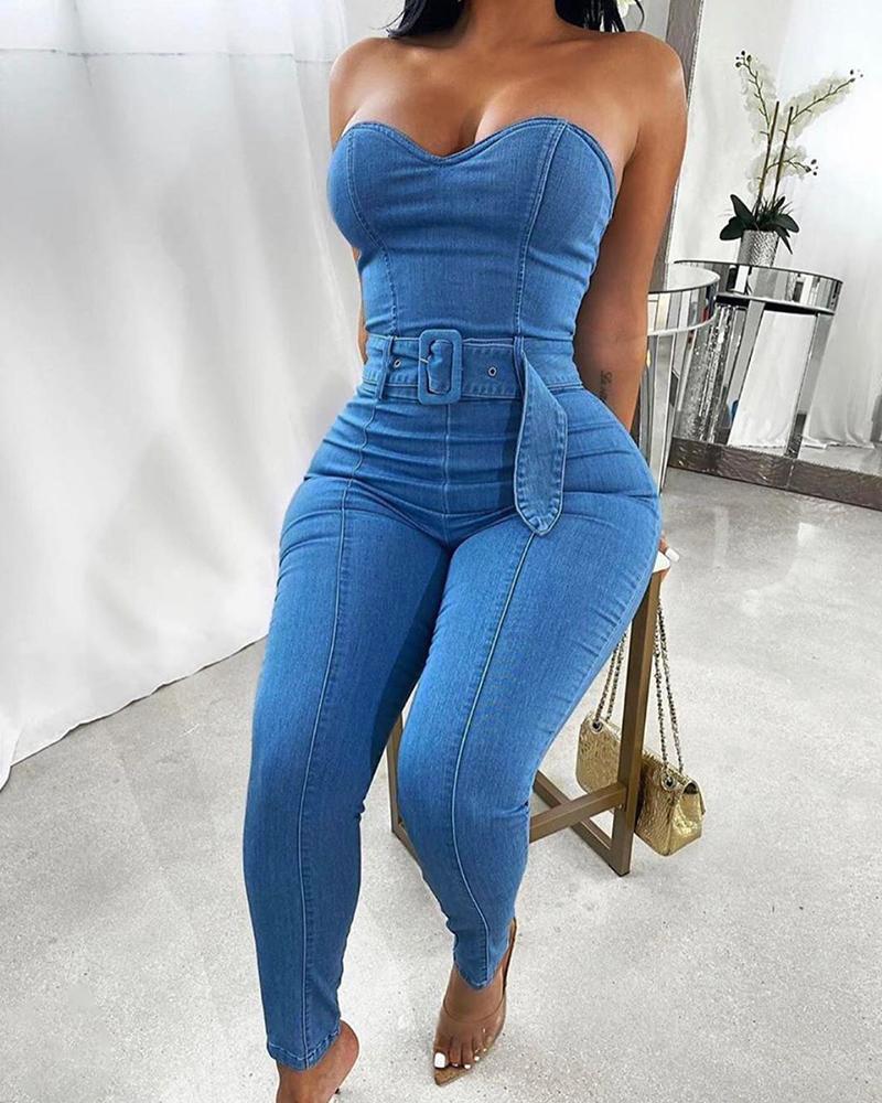

Bandeau Plain Skinny Denim Jumpsuit, Blue