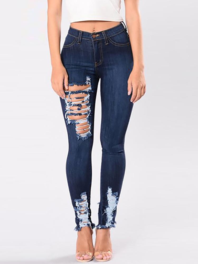 

Ripped Raw Cut High Waist Skinny Jeans, Dark blue