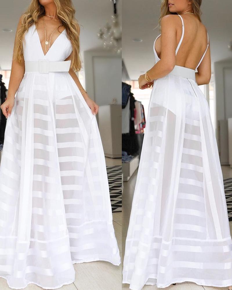 

Spaghetti Strap V-Neck Mesh Maxi Dress, White