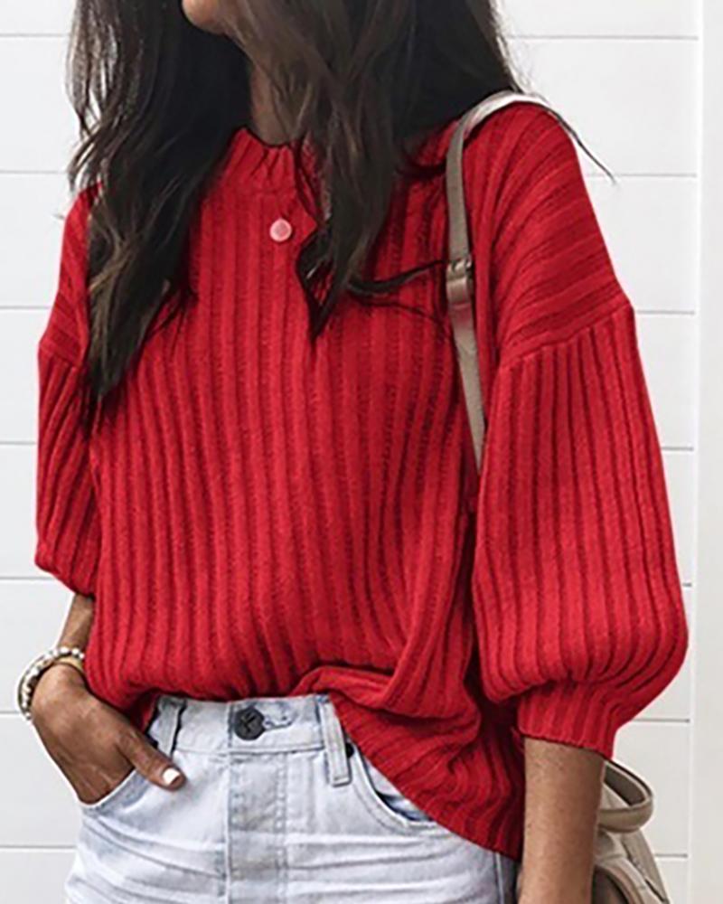 

Solid Lantern Sleeve Ribbed Casual Sweater, Red