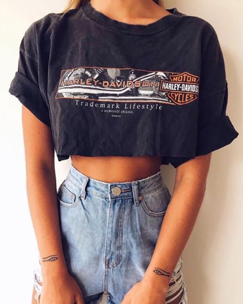 

Print Round Neck Short Sleeve T-shirt, Black