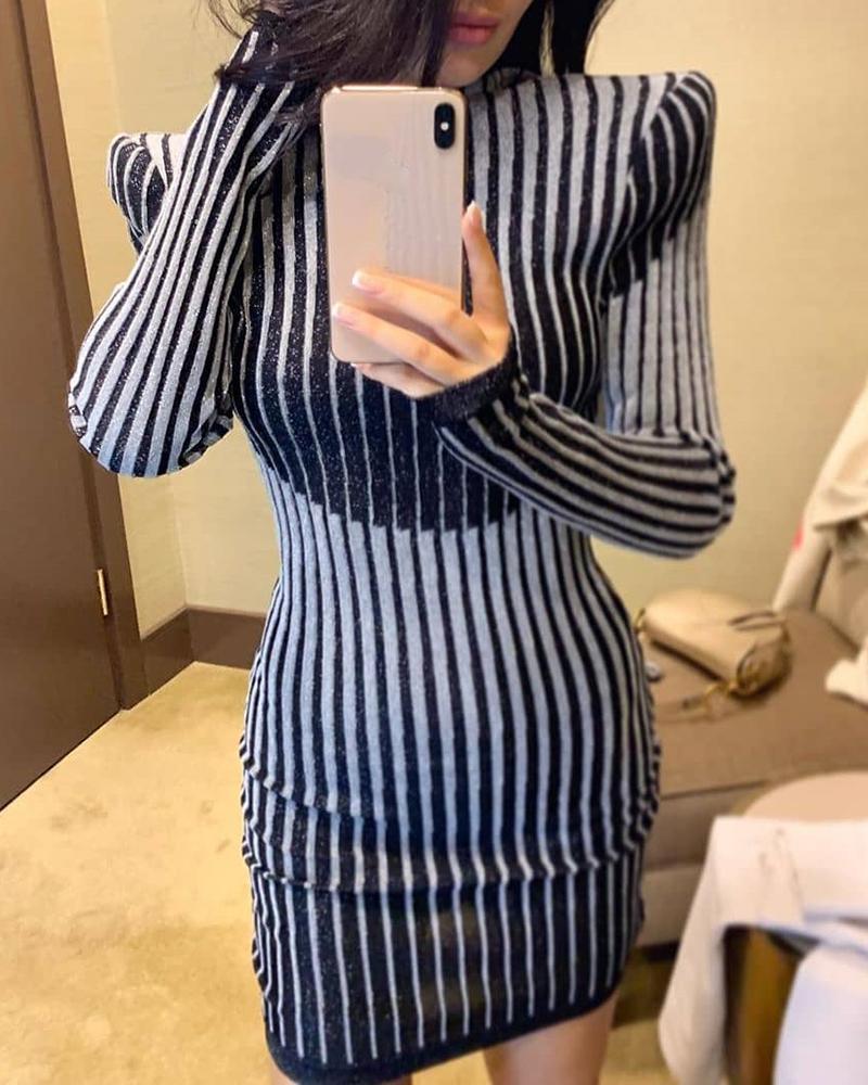 

Padded Shoulder Striped Long Sleeve Bodycon Dress, Black