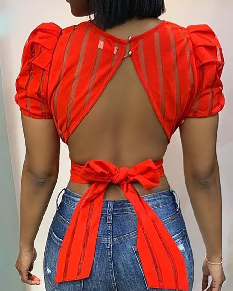 

Puffed Short Sleeve Mesh Striped Top, Red