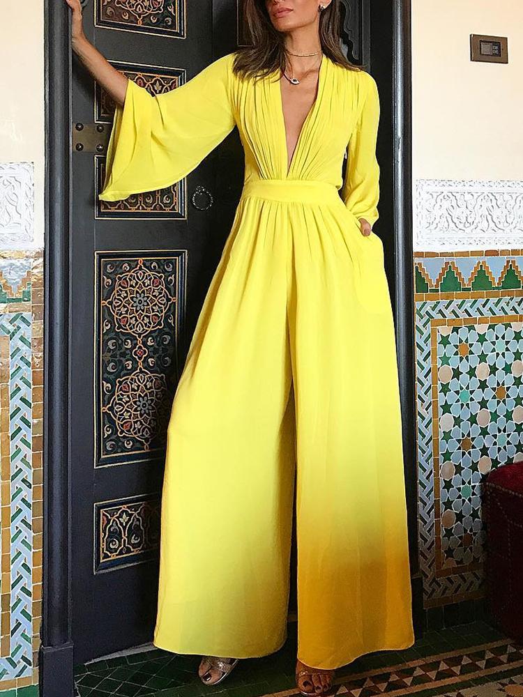 

Ruched Plunge Flared Sleeve Wide Leg Jumpsuit, Yellow